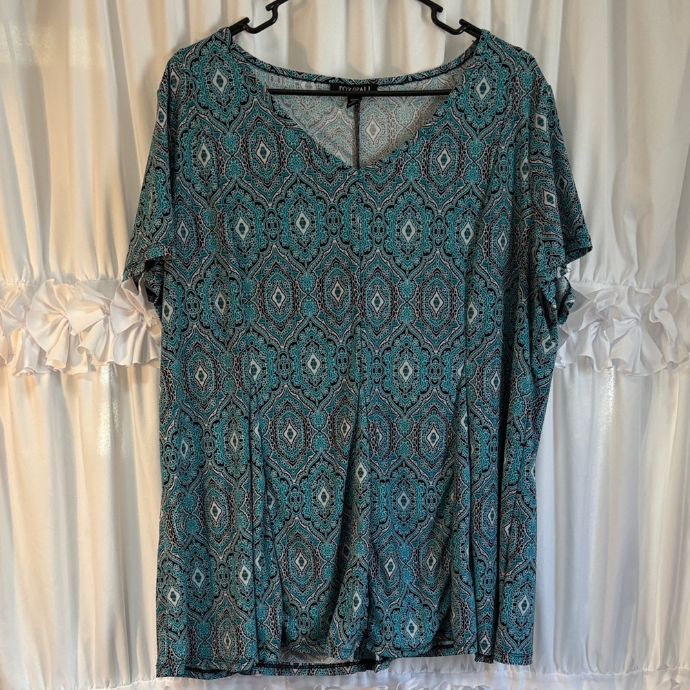 Roz & Ali Teal Geometric Print Blouse